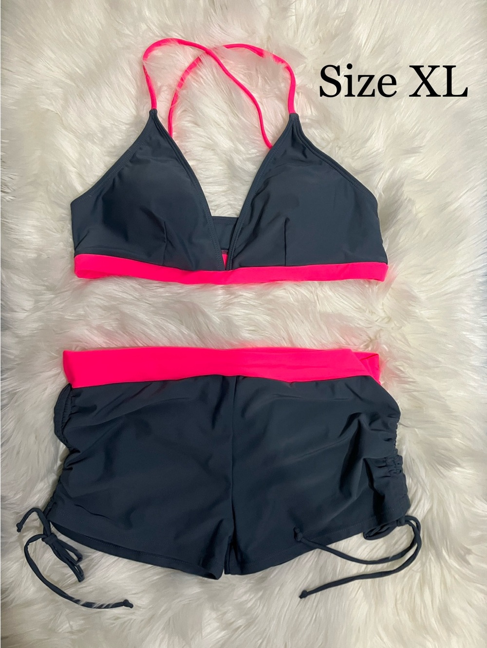 Women’s Charcoal and Hot Pink Two-Piece BoyShorts Swim Set - Size XL